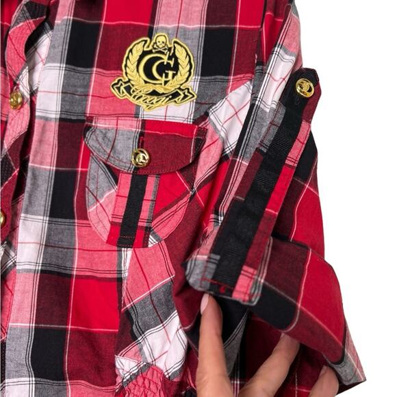COOGI Button Down Shirt Roll Tab Long Sleeves Red Black Plaid Elastic Waist Sz L - Picture 4 of 12